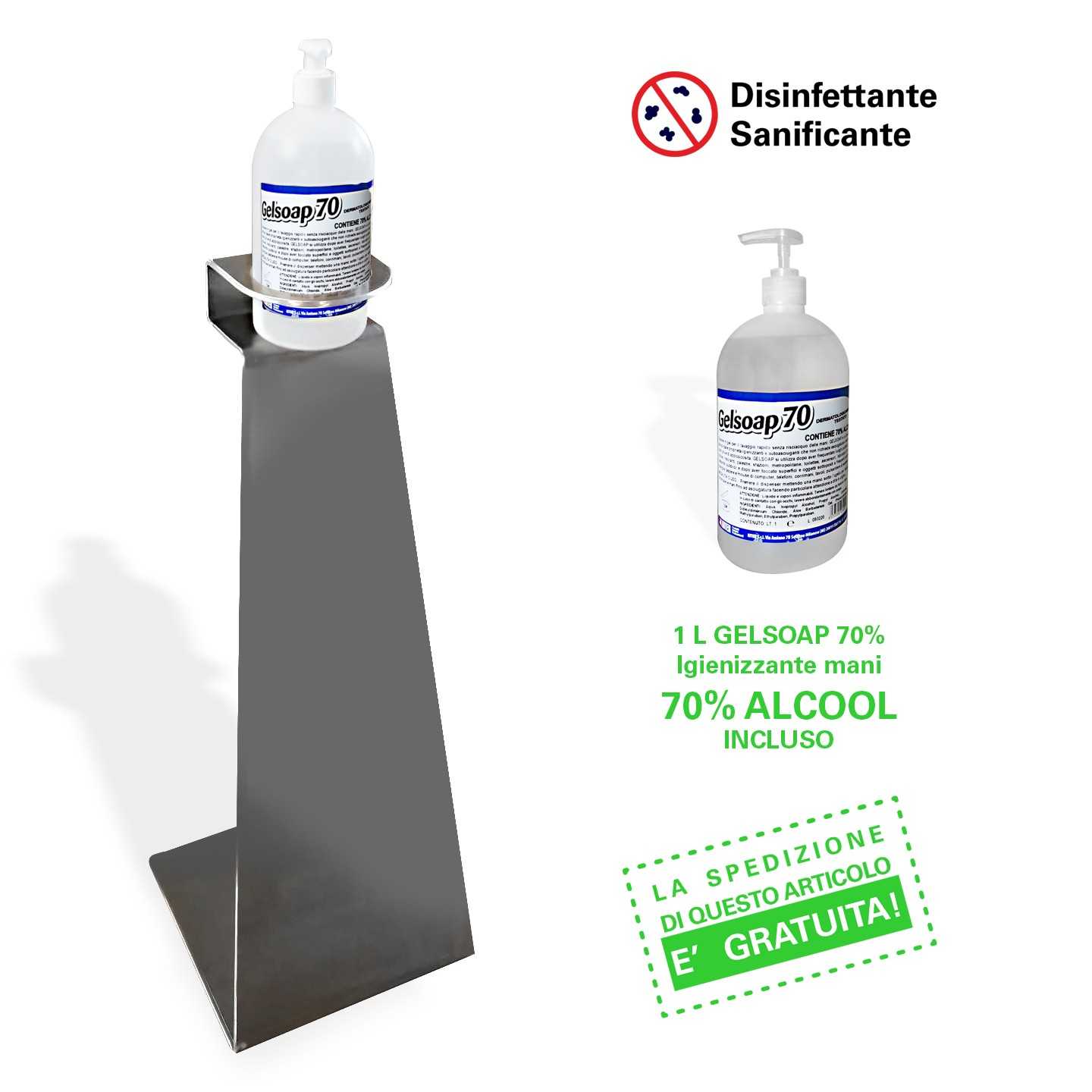 Piantana Porta Igienizzante in metallo verniciato + 1 L GELSOAP 70% ALCOOL